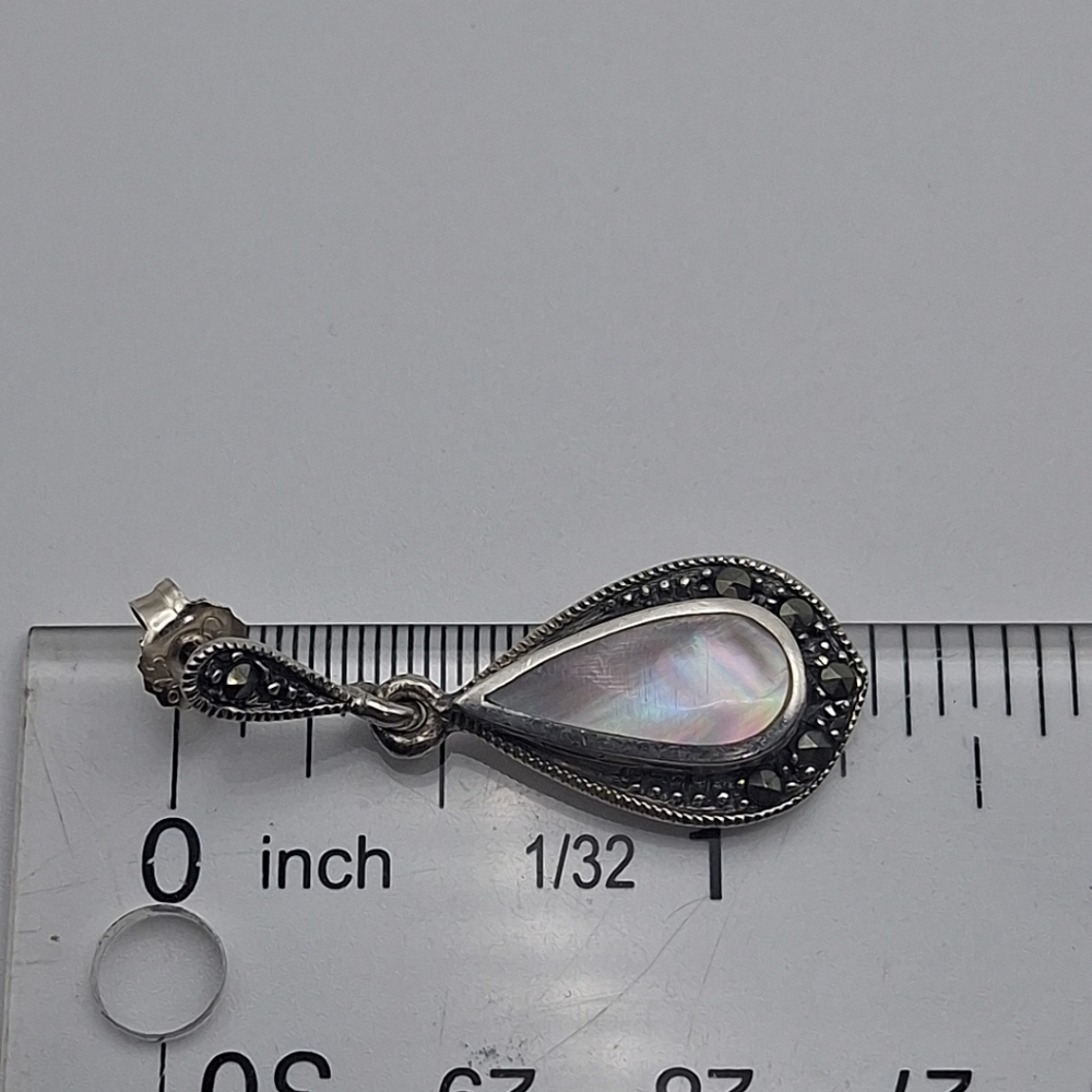 Vtg Sterling Silver 925 Abalone Marcasite Post Back Dangle Earrings 4.84g - Picture 4 of 8